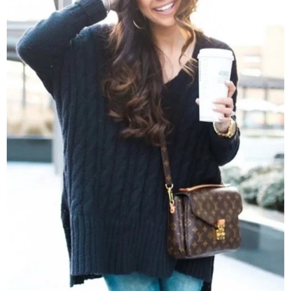 Free People Easy Cable Knit Sweater Tunic Womens Small Black Fisherman Preppy